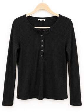 ✨ 78 & Sunny Black Ribbed Henley Long Sleeve Top Boho Minimalist Size M ✨
